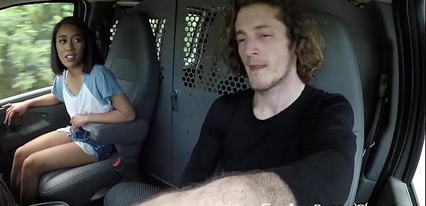  Flat chested teen Aria Sky slammed and facialized in the van